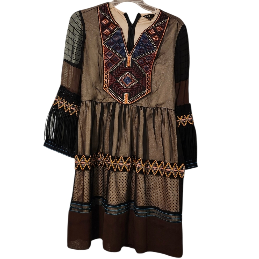 NIWIY Bohemian Embroidered Tribal Brown Dress - M Fringe